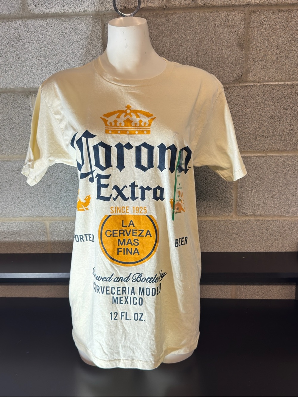 Corona Logo Tee in Cream with Navy and Gold Print